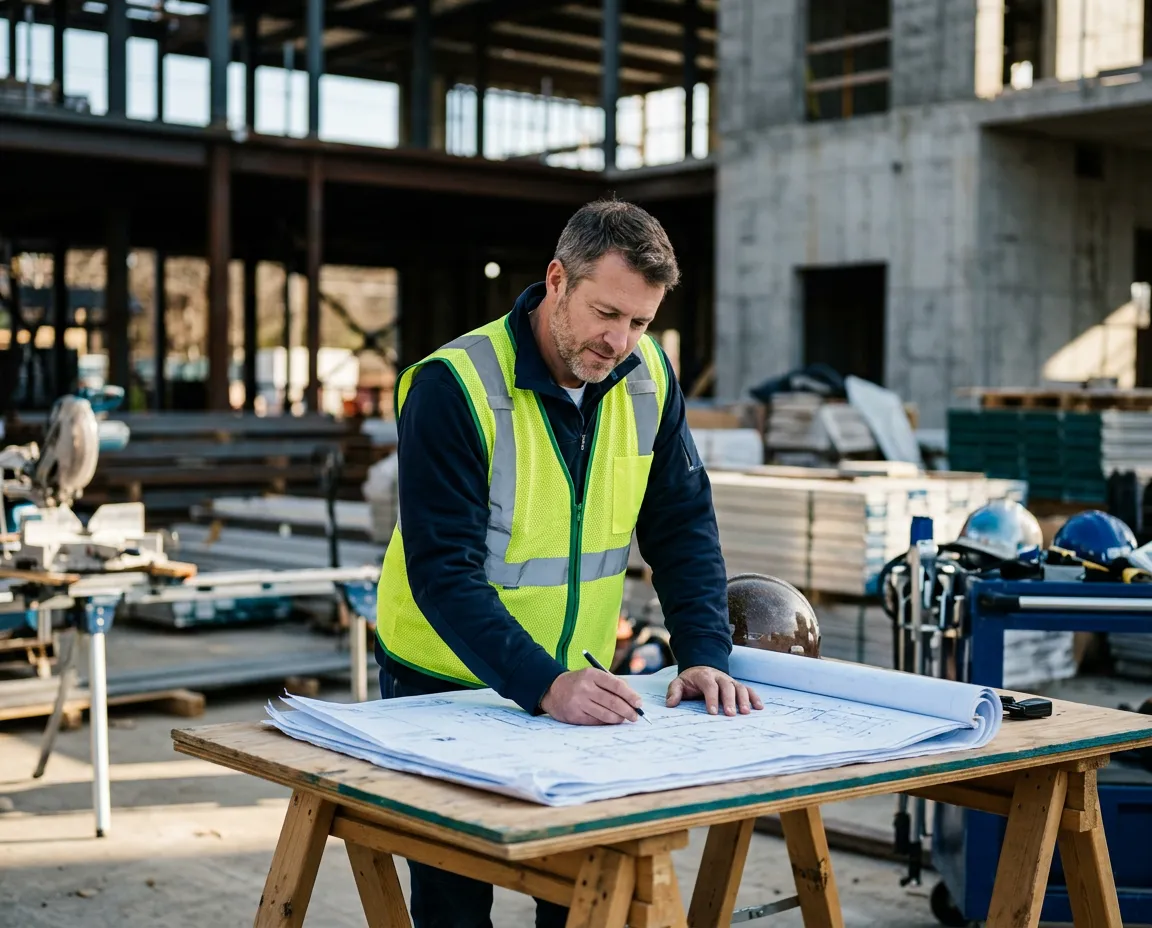 Contractor reviewing commercial construction plans on a work site
