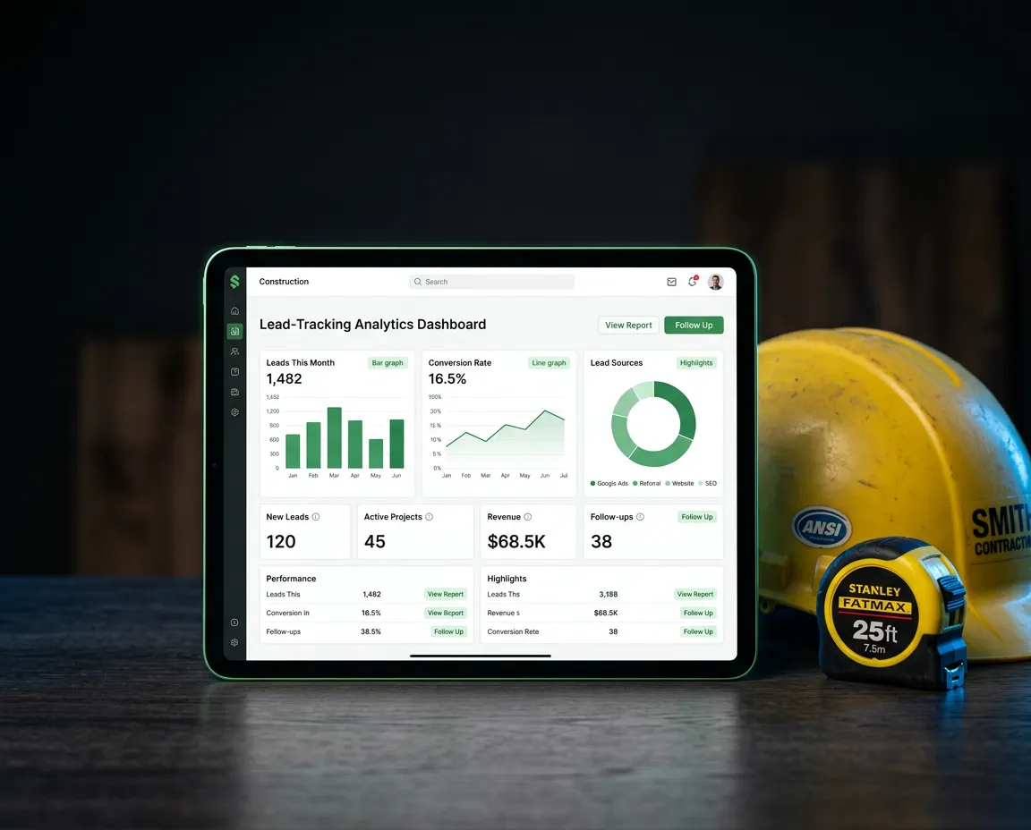 Tablet displaying lead tracking analytics dashboard next to a contractor hardhat
