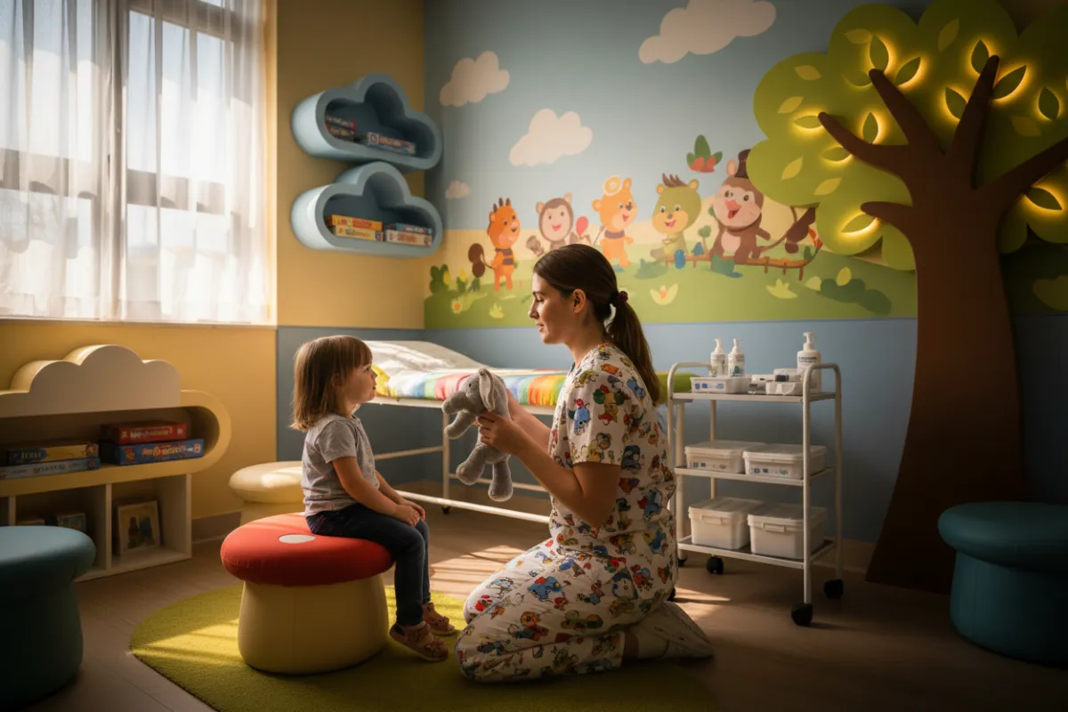 Pediatric phlebotomist comforting a child before a blood draw in a child-friendly room