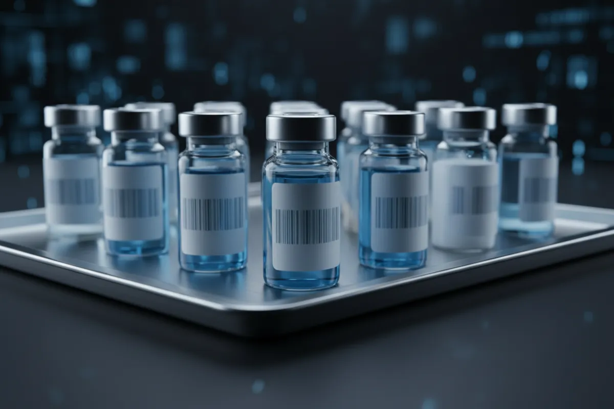 Close-up of labeled sample vials on a sterile tray in a clinical setting.