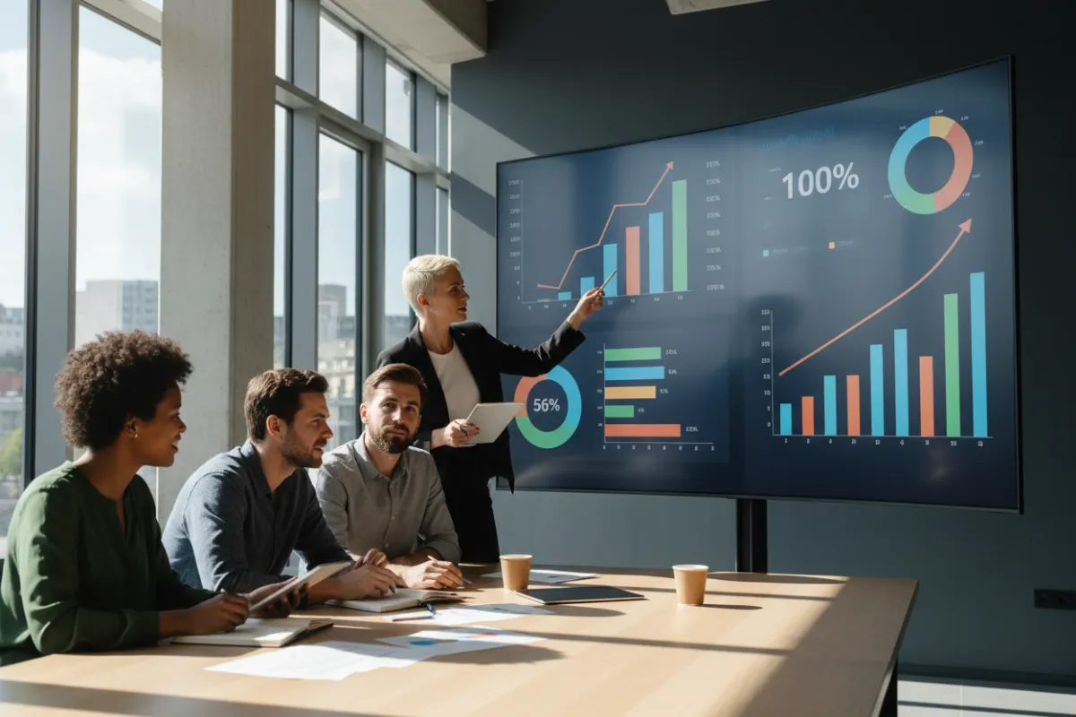 A small business team reviewing charts and analytics on a large screen in a modern workspace, diverse group, focused expressions, realistic style, evidence of success.