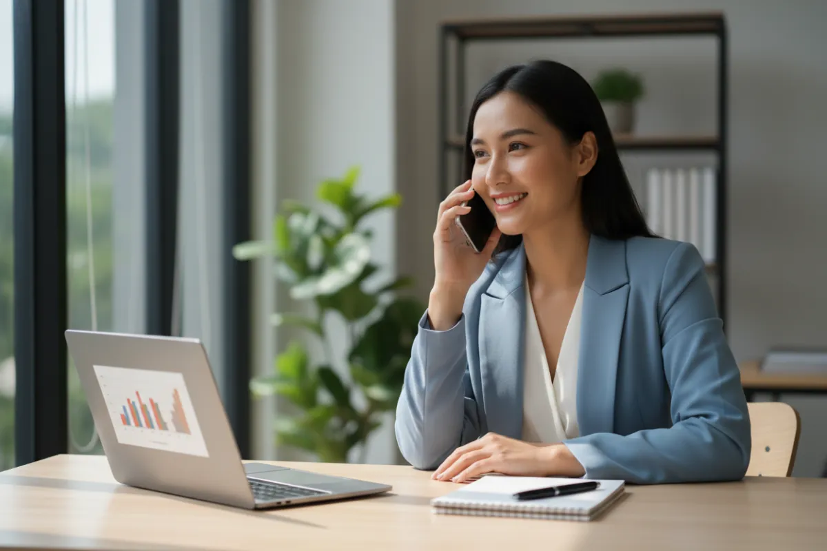 A friendly business consultant speaking on the phone in a bright workspace, open laptop and notepad nearby, realistic style, approachable and professional vibe.