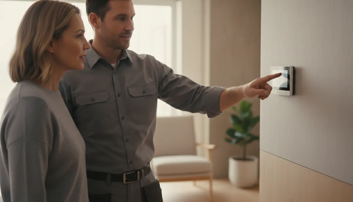 Placeholder: Hawk pointing at a thermostat or explaining a part to a customer