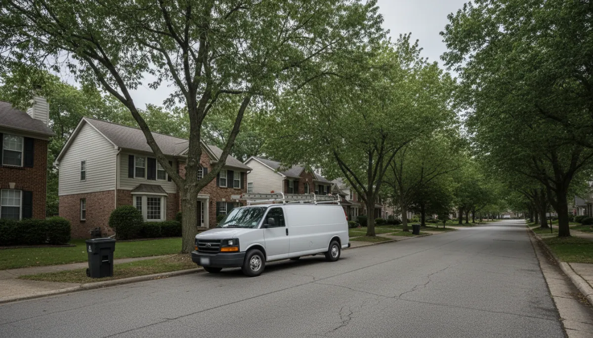 Placeholder: Hawk’s work truck or van parked in a recognizable Columbus neighborhood