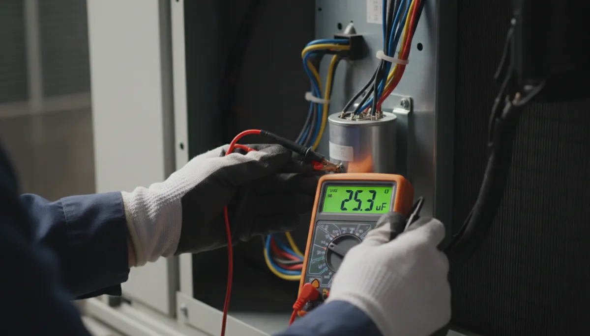 Placeholder: a multimeter testing a capacitor