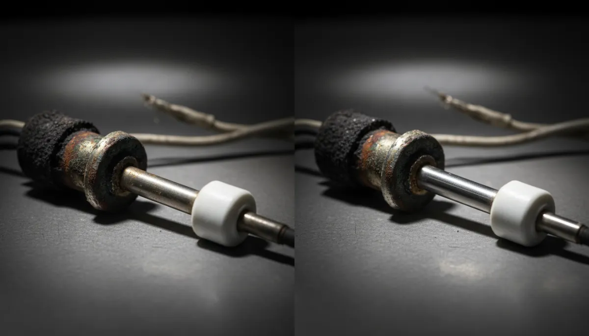 Placeholder: close-up photos of a dirty vs. clean flame sensor