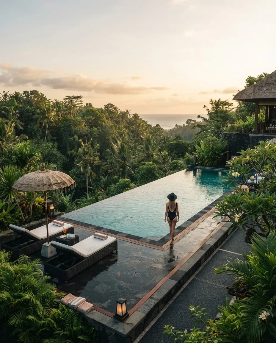 Lush jungle infinity pool overlooking ocean cliffs in Bali
