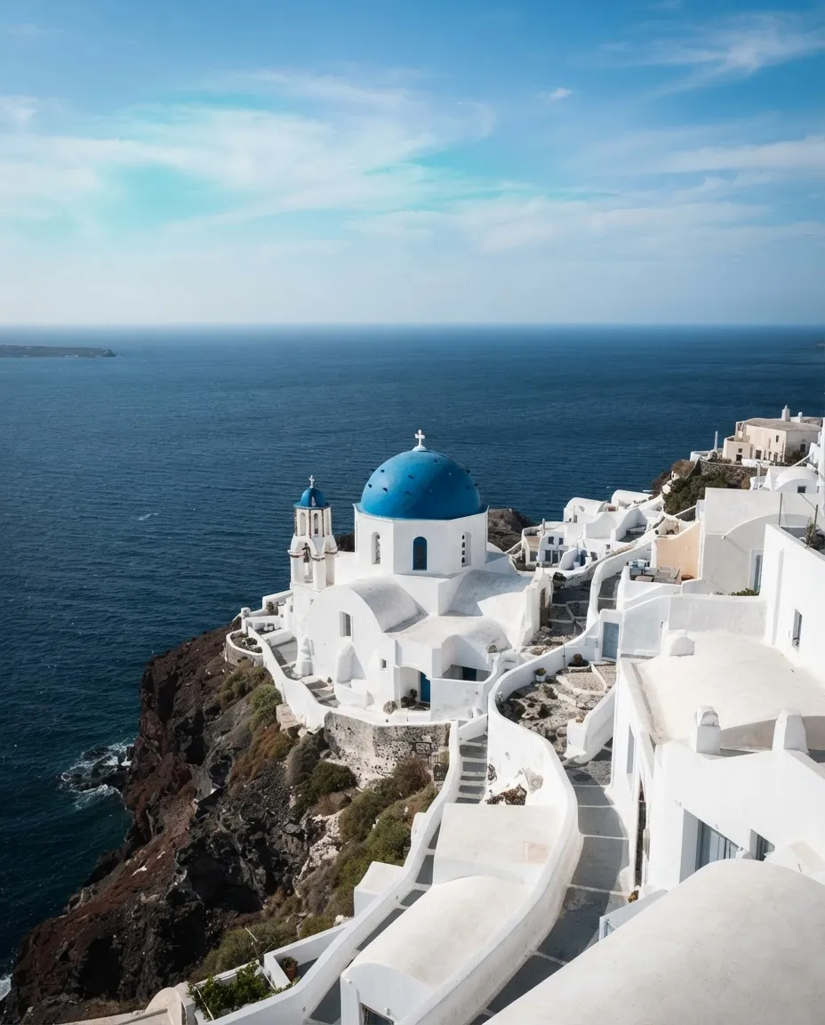 Sunlit white caldera architecture and blue domes overlooking the sea in Santorini
