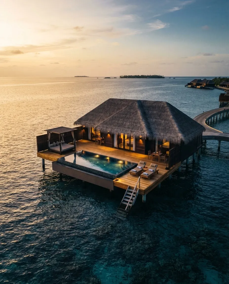 Luxury overwater villas and crystal turquoise lagoon in the Maldives