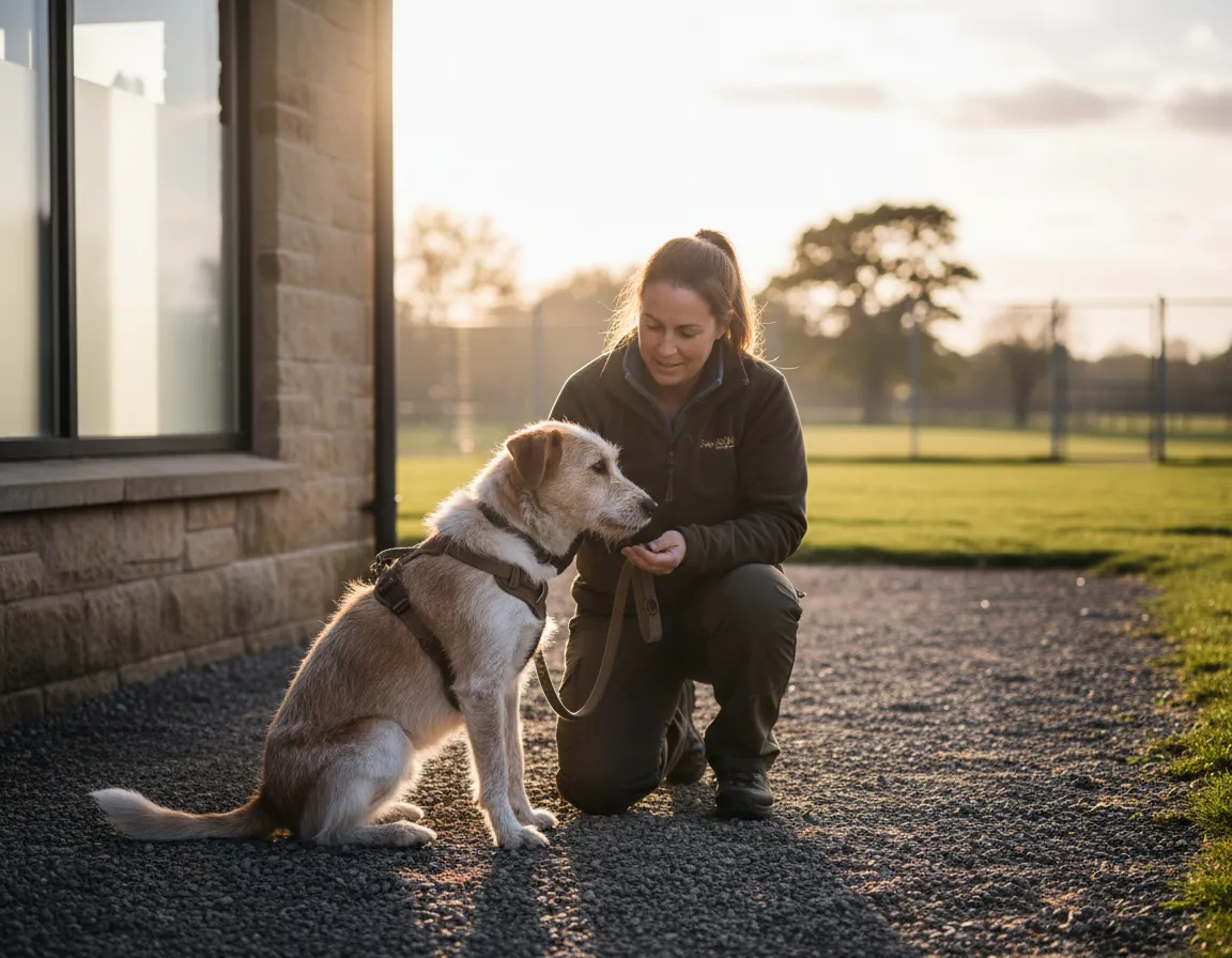 Rescue dog calmly working with trainer instead of being surrendered