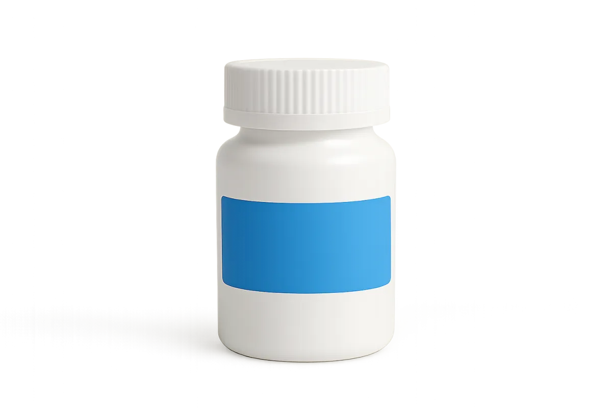 White prescription bottle with a blue ScriptClub label on a light background