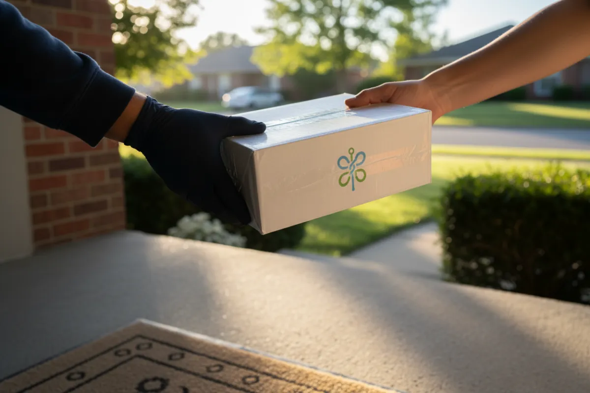 Courier handing a sealed ScriptClub medication parcel at a doorstep