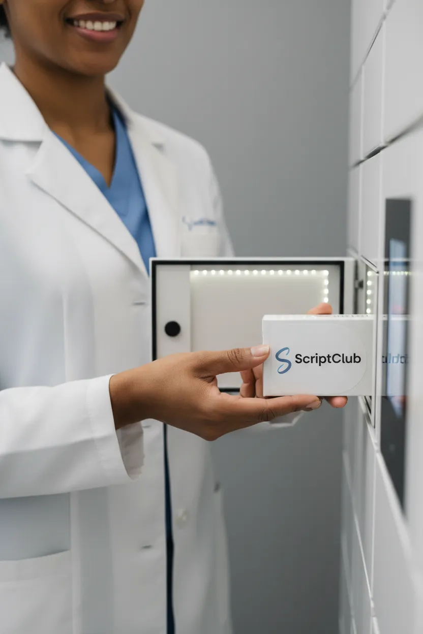 Smiling pharmacist placing a ScriptClub package into a pickup locker.