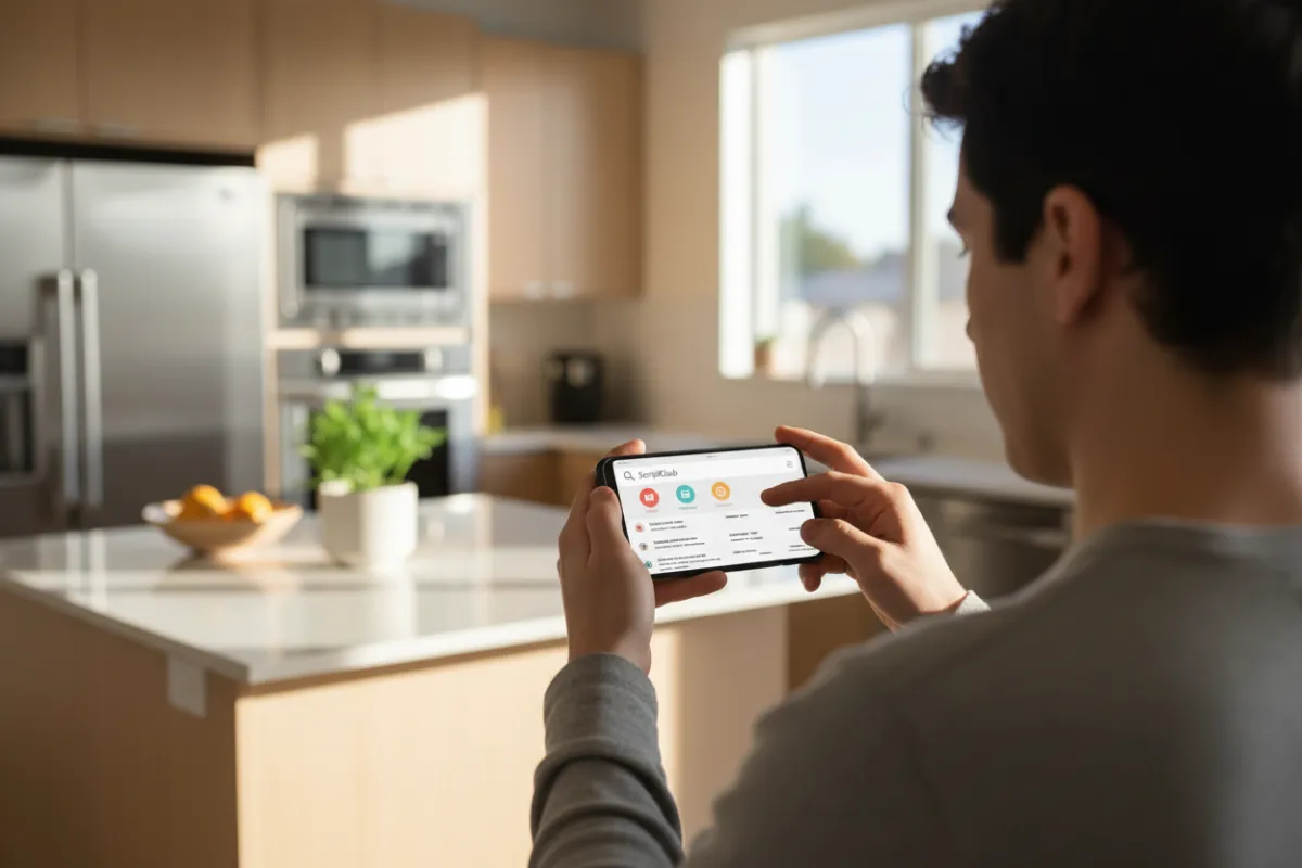 User searching medications on a smartphone with ScriptClub search UI in a modern kitchen background.
