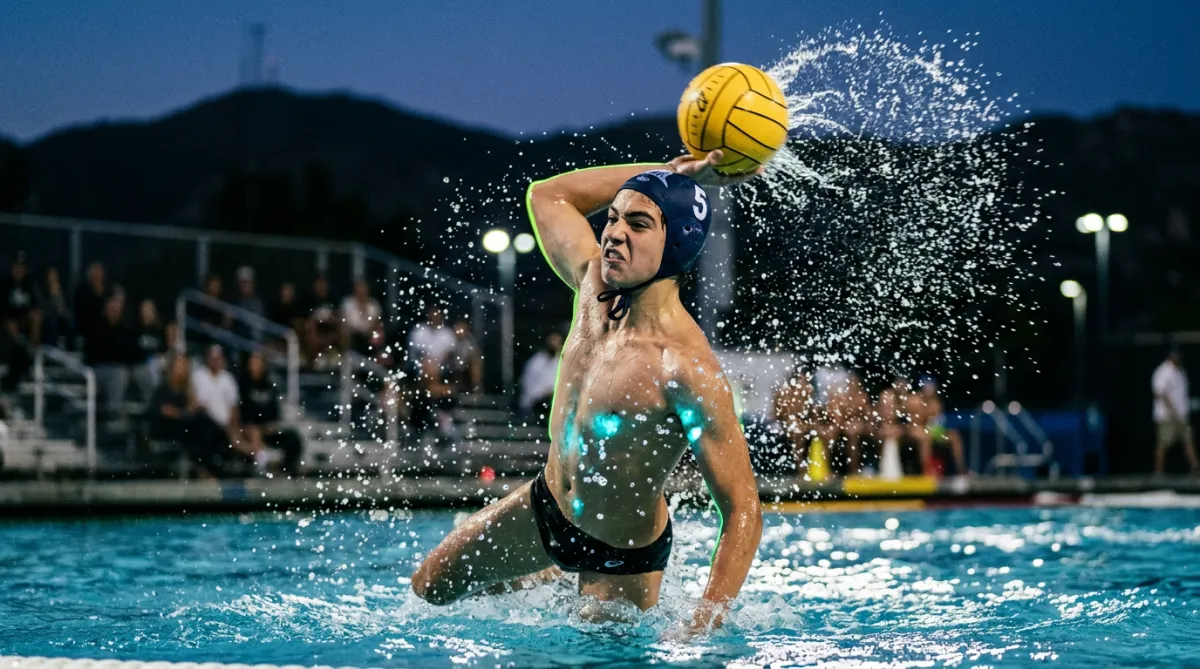 Explosive water polo player unleashing a high velocity strike at Lake Elsinore aquatics pool