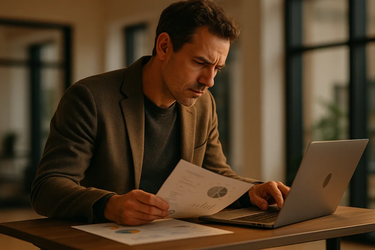 Consultant at a standing desk reviewing project notes and laptop charts in a modern office, photorealistic.