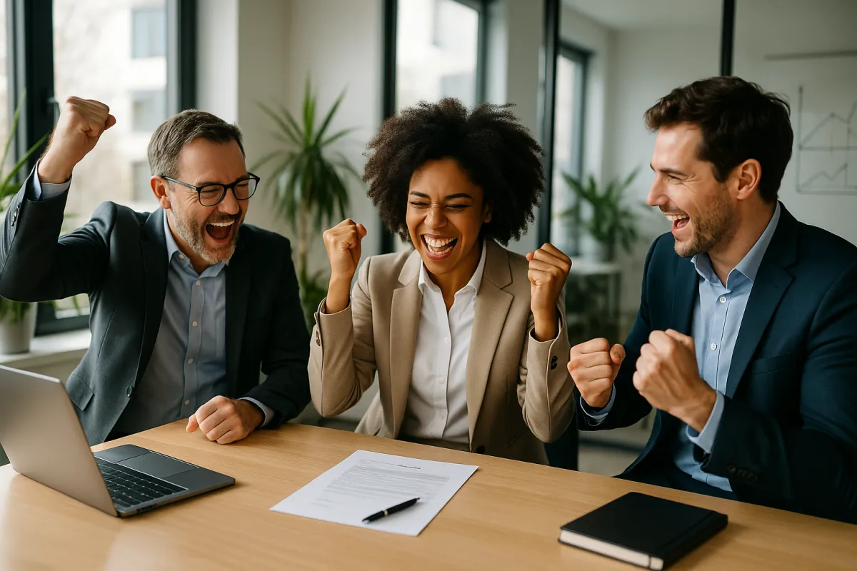 Consultants celebrating a signed contract in a modern, bright meeting room