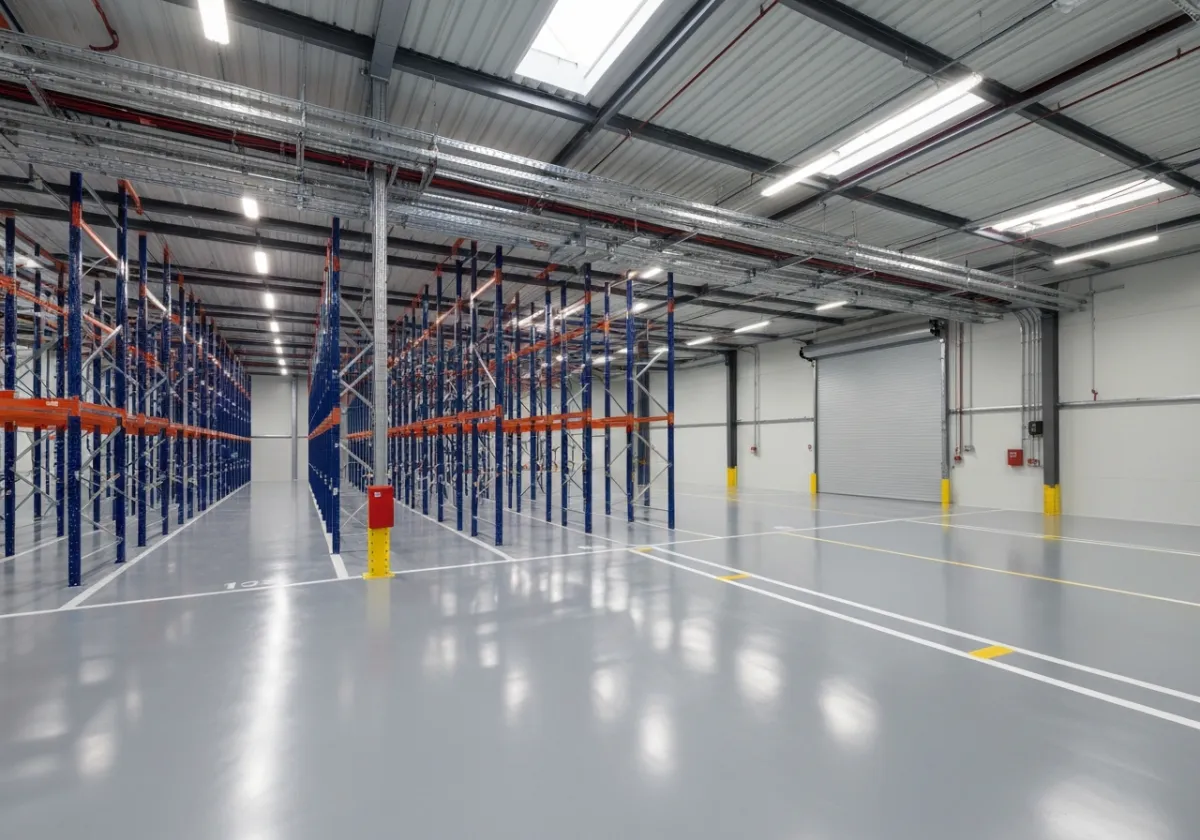 High-standard warehouse fit-out with racking, painted grey floor, and neat electrical channeling