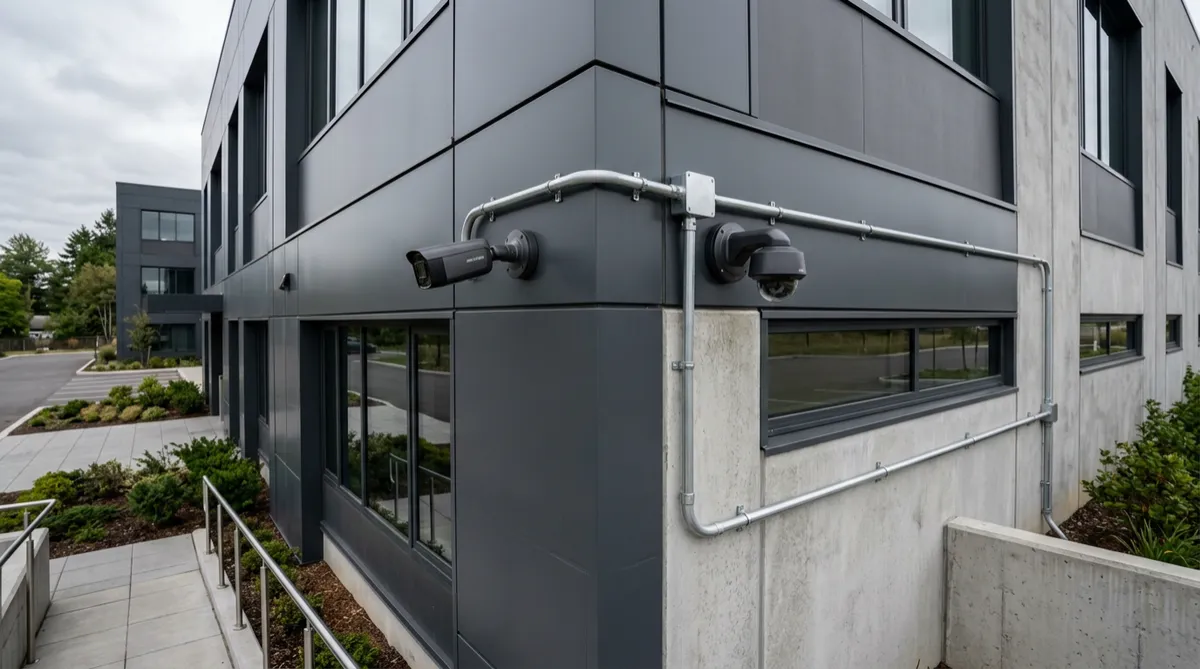 Completed CCTV camera installation on a commercial building