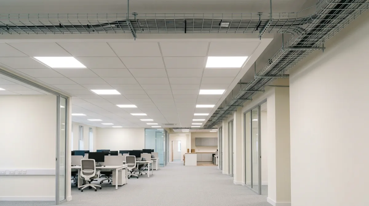 Completed commercial office electrical fit-out with installed LED lighting