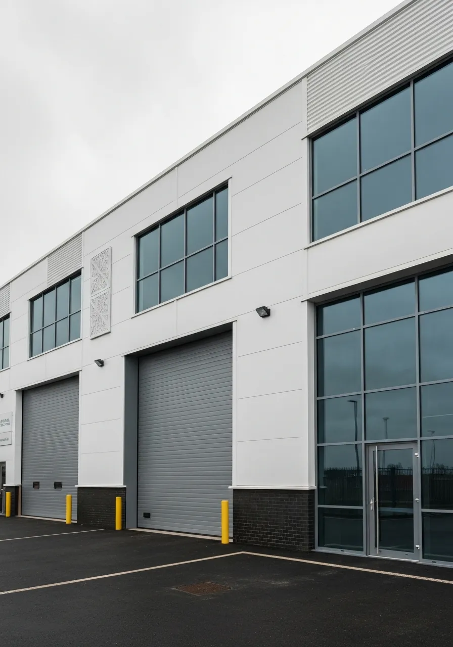 Factory renovation with white metal panelling, tinted glazing and large grey roller shutter