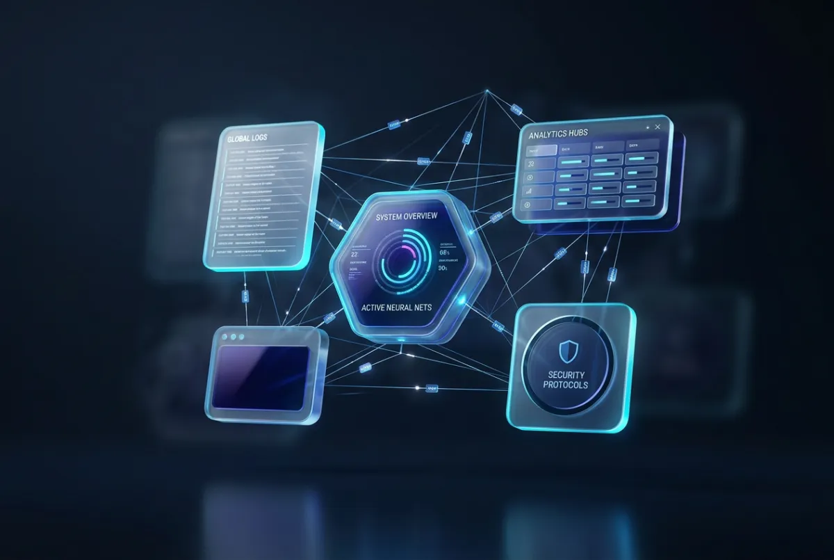 Futuristic glassmorphism UI blocks showcasing interactive calculators and customer portal interfaces