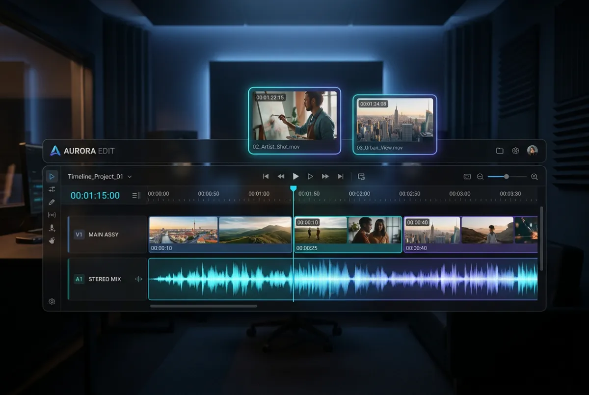 Sleek timeline video editor mockup with audio waveforms and polished video previews