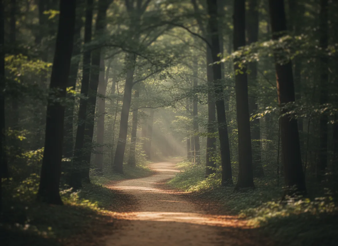 Soft-focus path through a forest symbolizing the Trudge Practice ecosystem