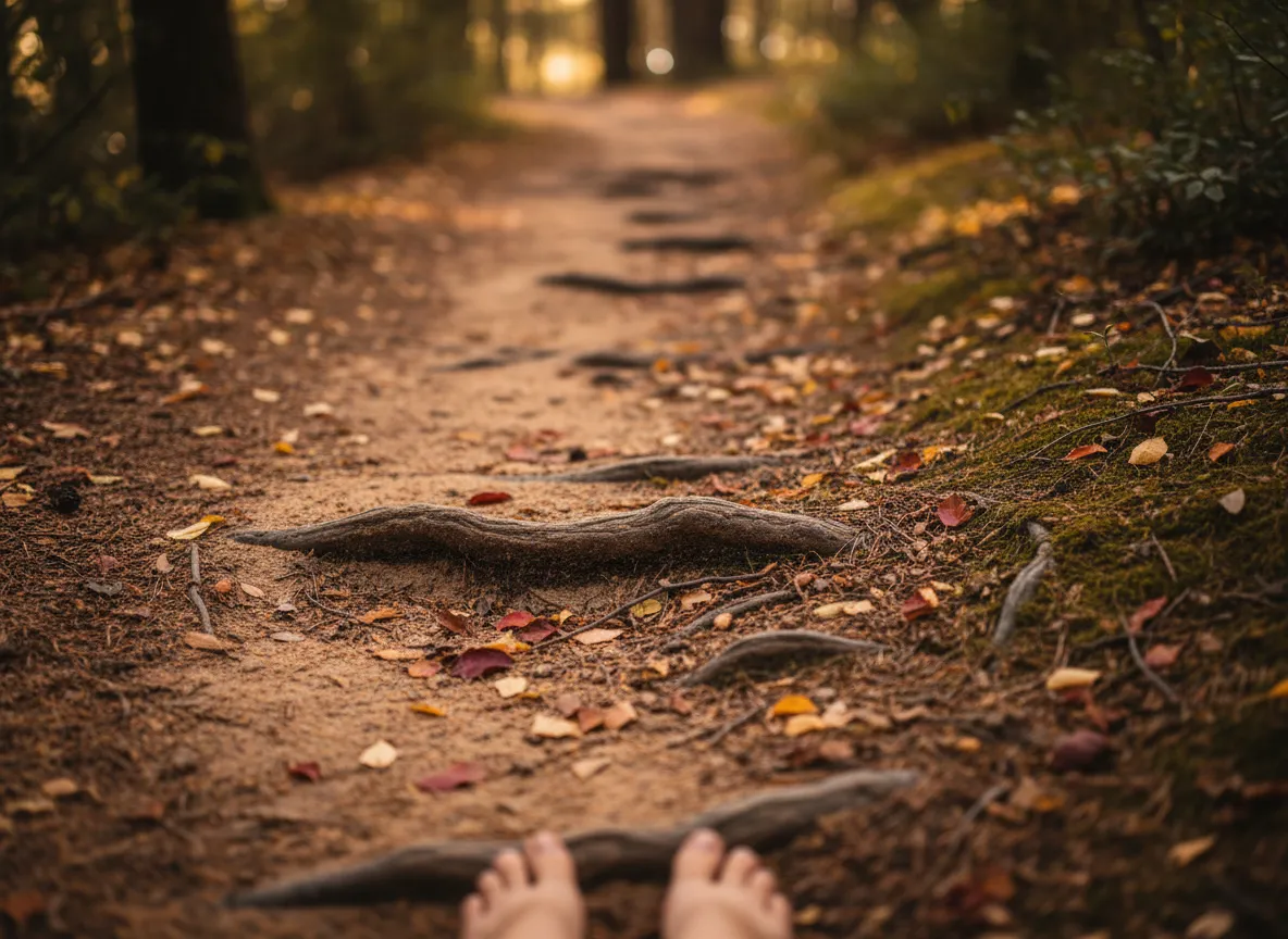 Bare-foot path through muted forest ground, symbolizing a quiet reset