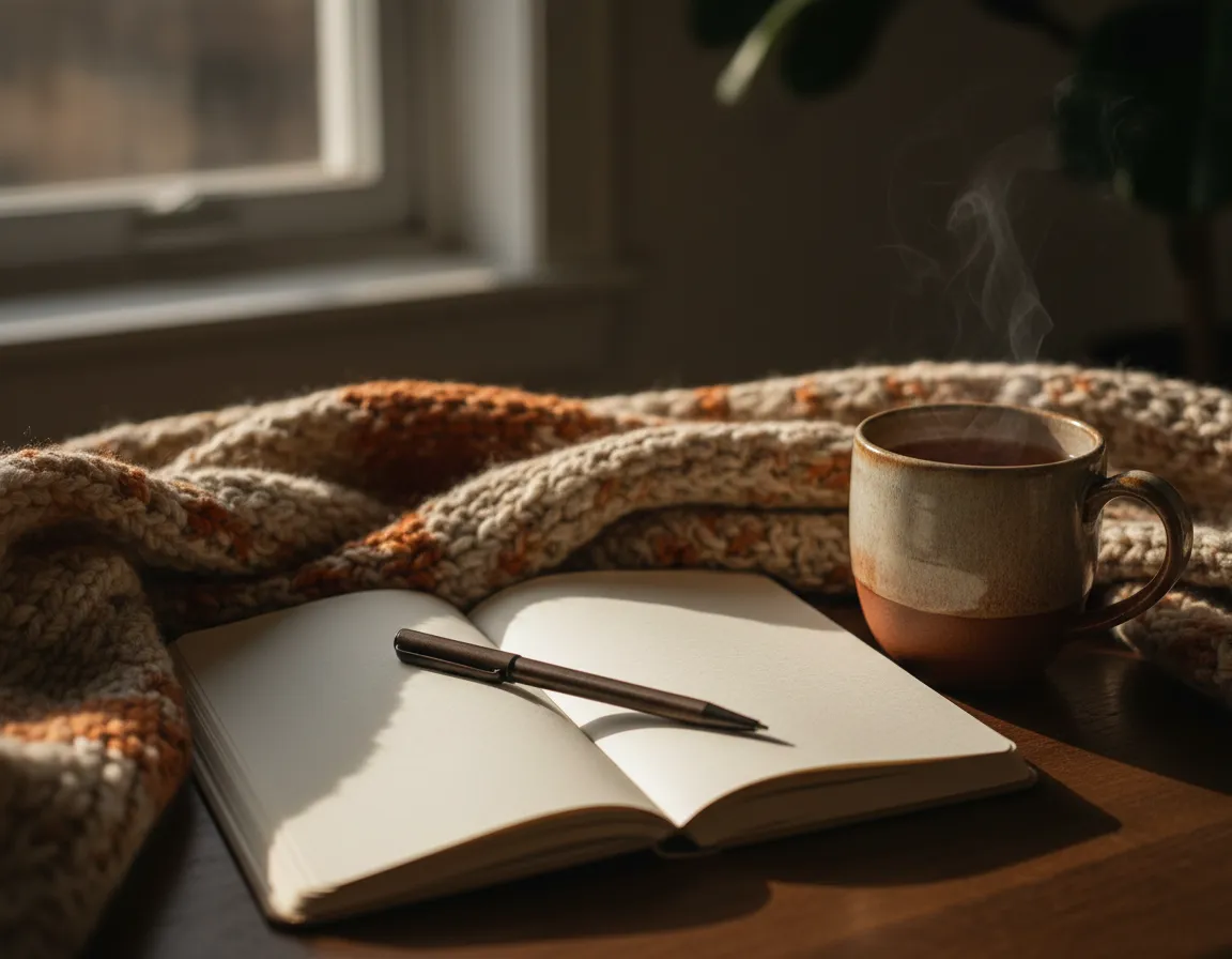 Journal, mug, and soft blanket laid out for a quiet 21-day reset ritual.