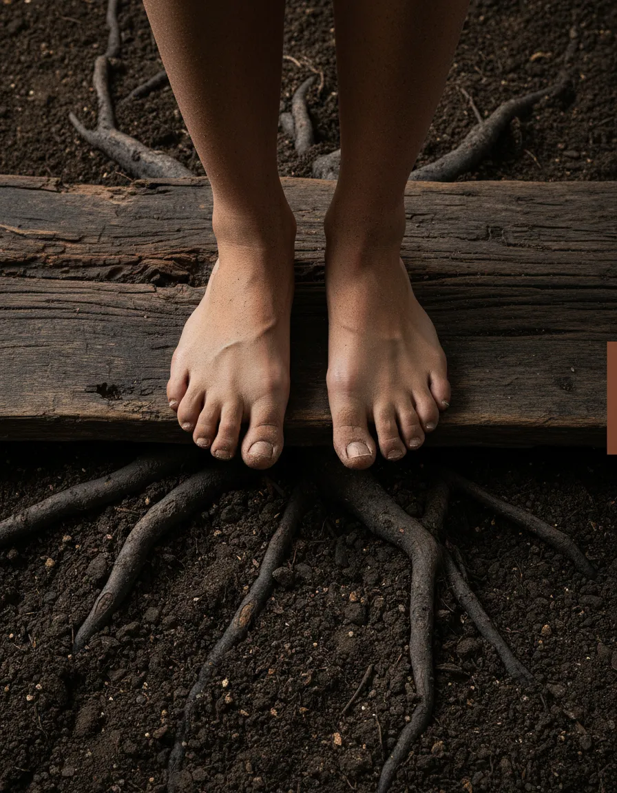 A quiet, textured view of bare feet on wood grain