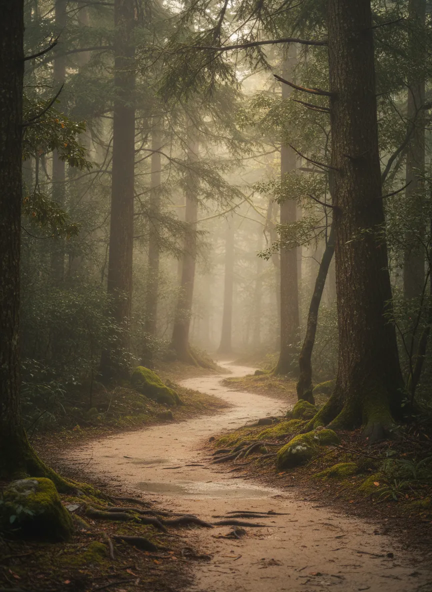 A quiet, misty path representing the gentle rhythm of the Trudge Circle membership