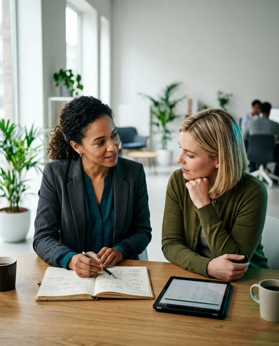Two colleagues engaged in a calm, authentic conversation over notes in an airy workspace