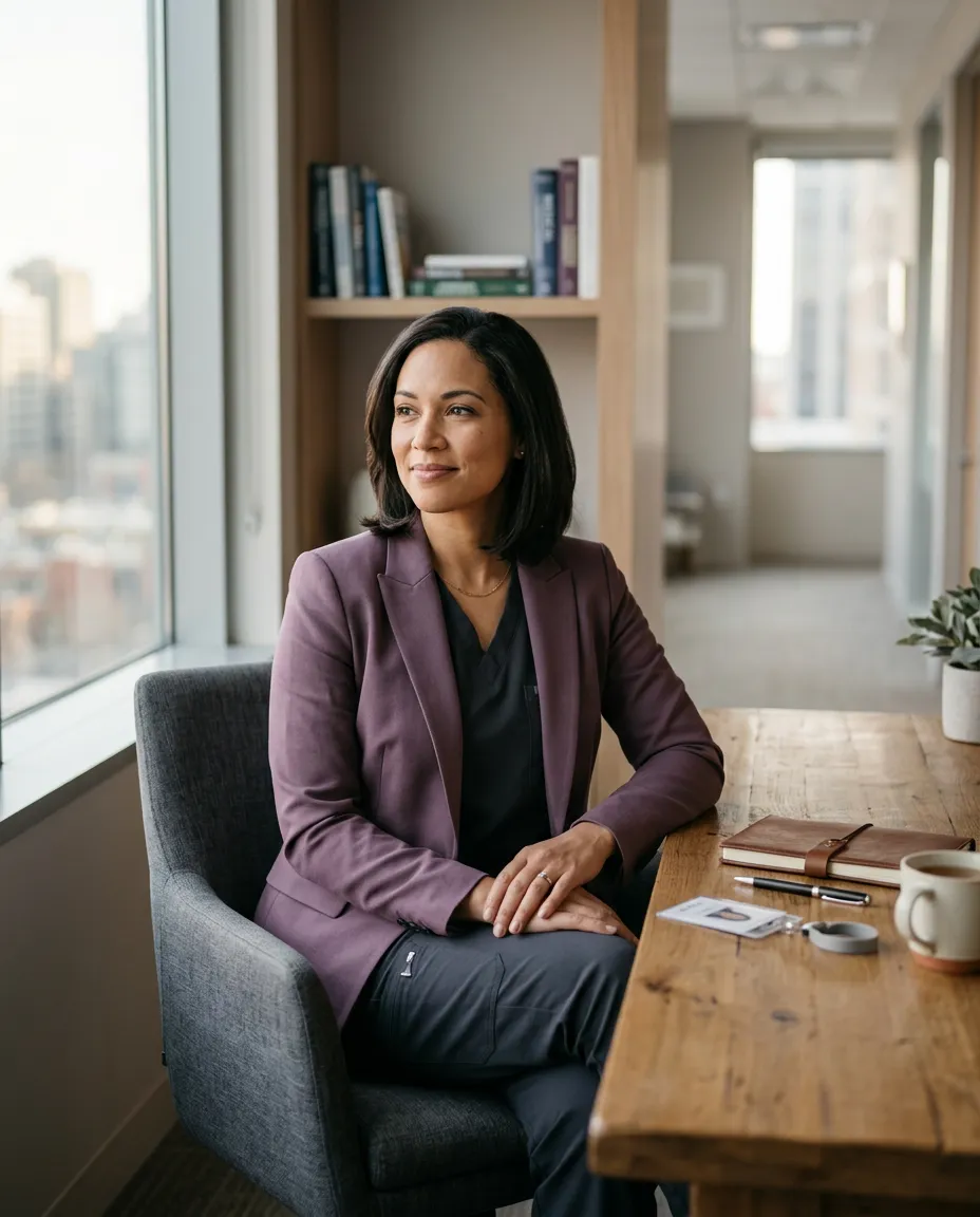 Calm, confident healthcare leader reflecting in a modern office setting