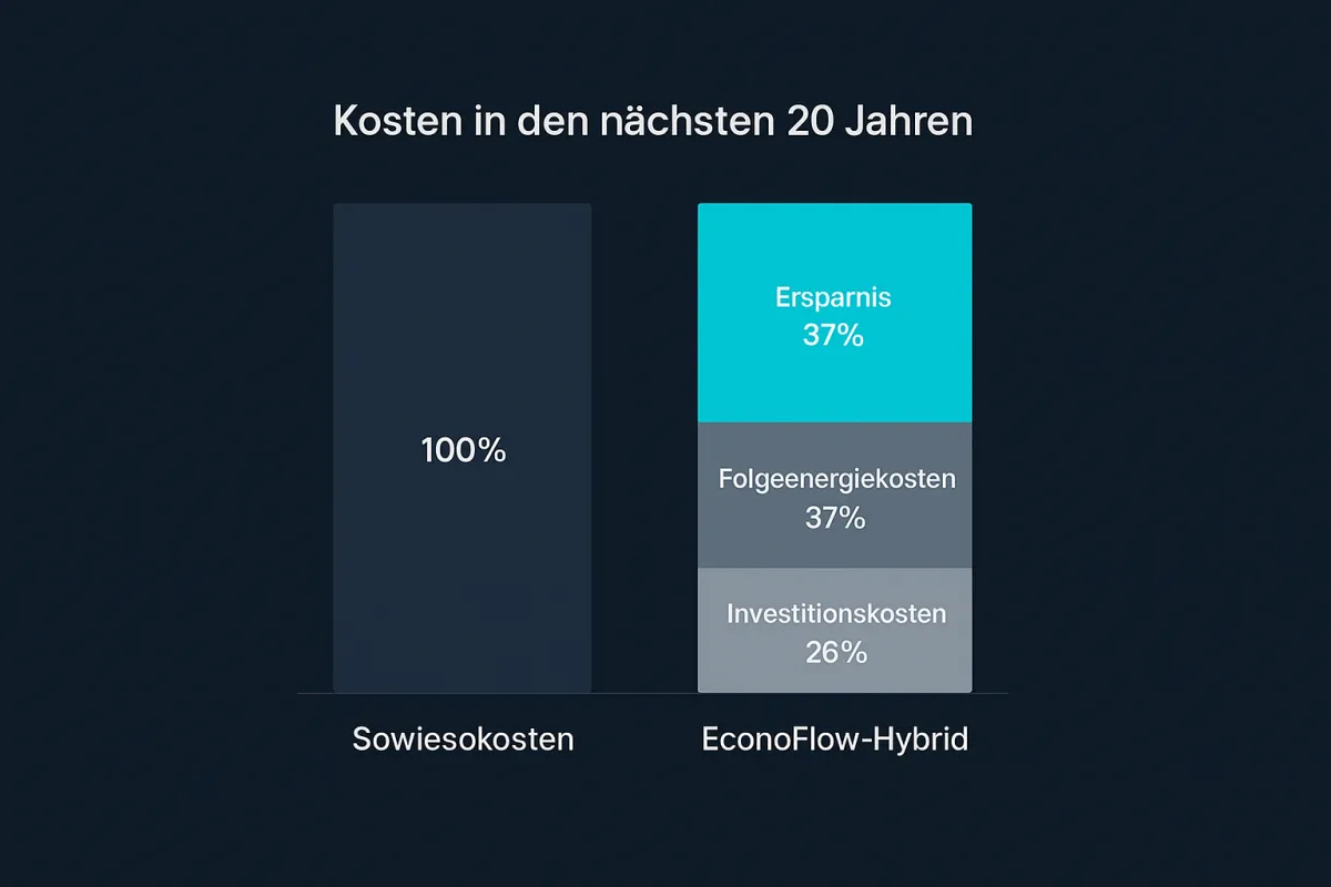 Kosten in den nächsten 20 Jahren – Vergleich: Sowiesokosten 100% vs. EconoFlow-Hybrid (26% Investitionskosten, 37% Folgeenergiekosten, 37% Ersparnis).