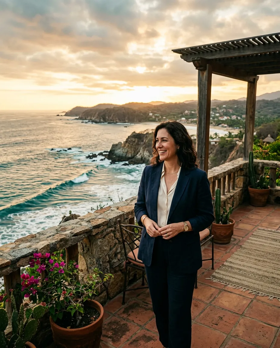 Tracey reviewing property plans overlooking the Oaxaca Pacific coastline in natural light