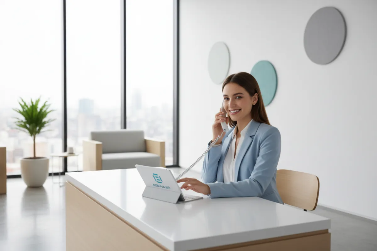 Recepcionista sonriente de RENOVA360 atendiendo llamada en oficina moderna, ambiente amigable y profesional.
