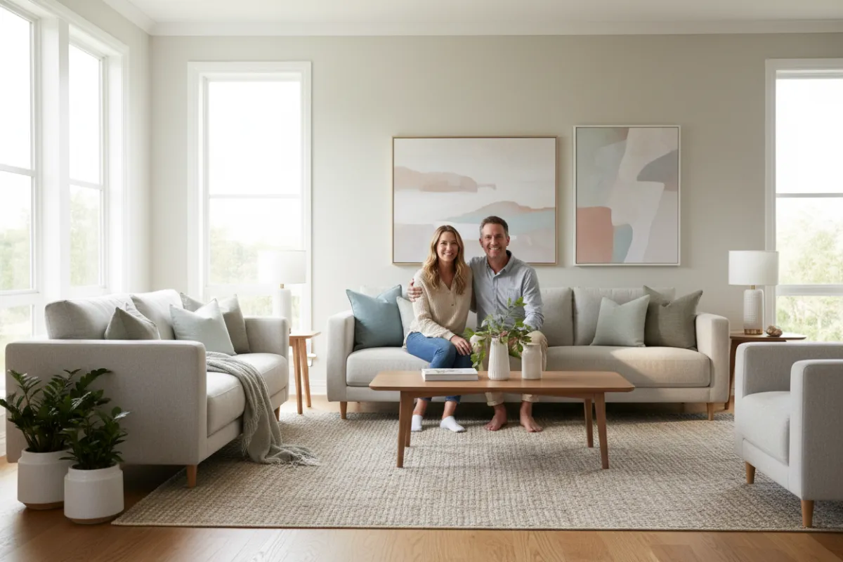Familia sonriente en sala moderna, luz natural, ambiente cálido, estilo contemporáneo, sensación de renovación y bienestar.