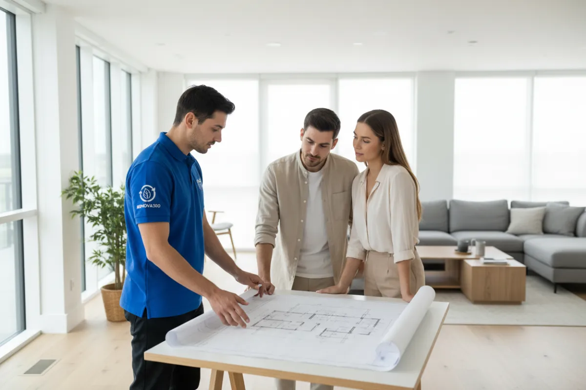 Técnico de RENOVA360 asesorando a pareja en sala luminosa, planos en mano, ambiente profesional y cordial.