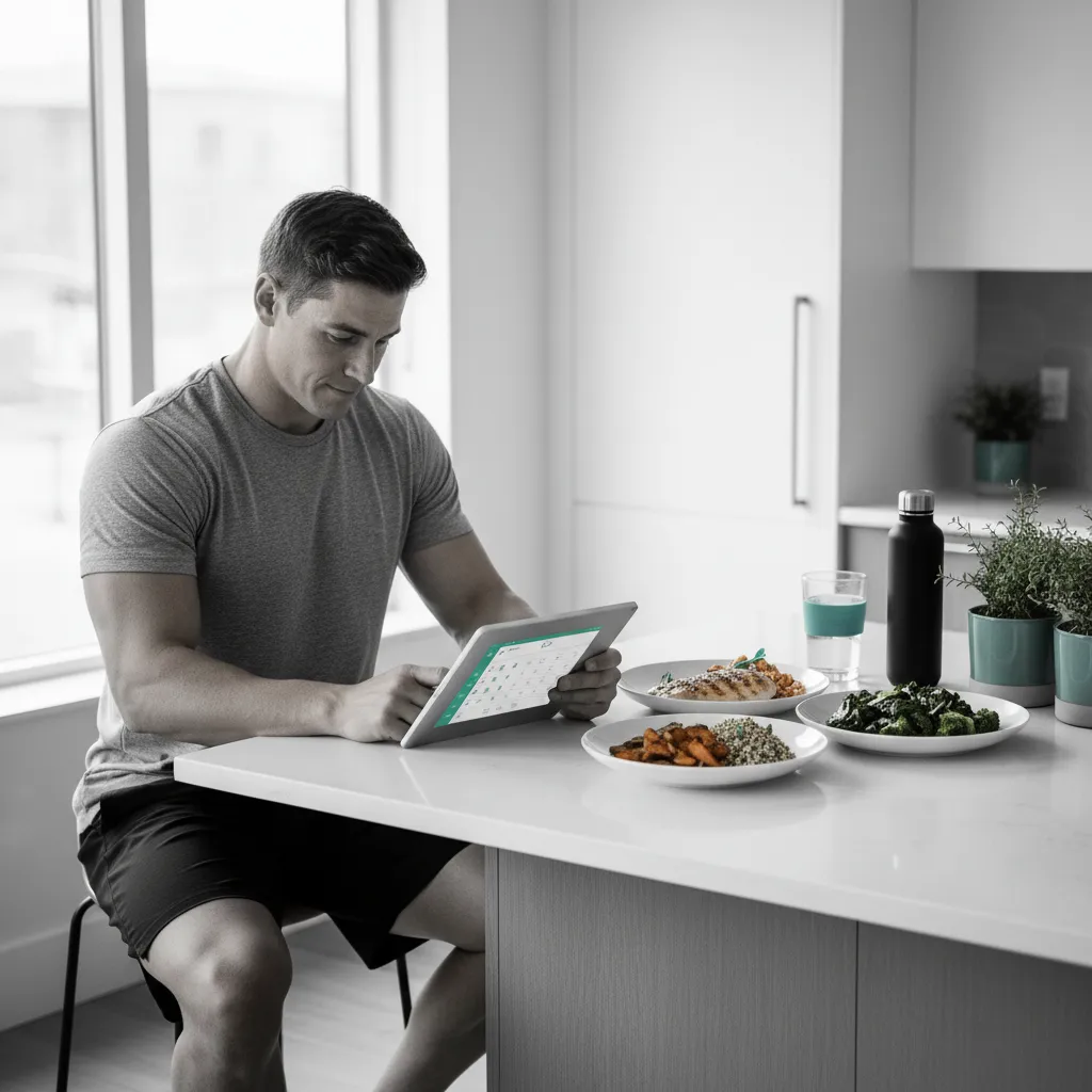 Athlete reviewing nutrition plan on tablet with healthy food nearby