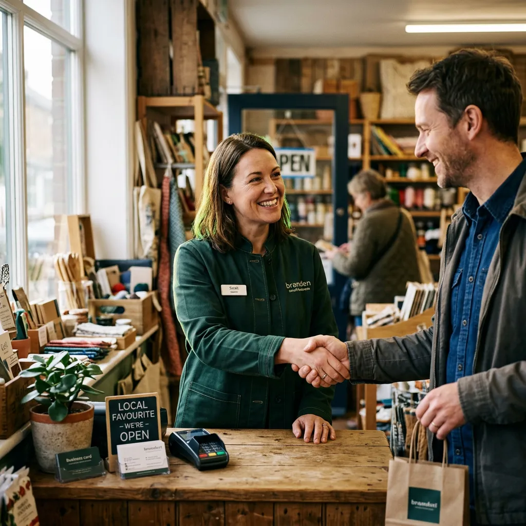 Local business owner smiling and shaking hands with a satisfied customer at a service desk