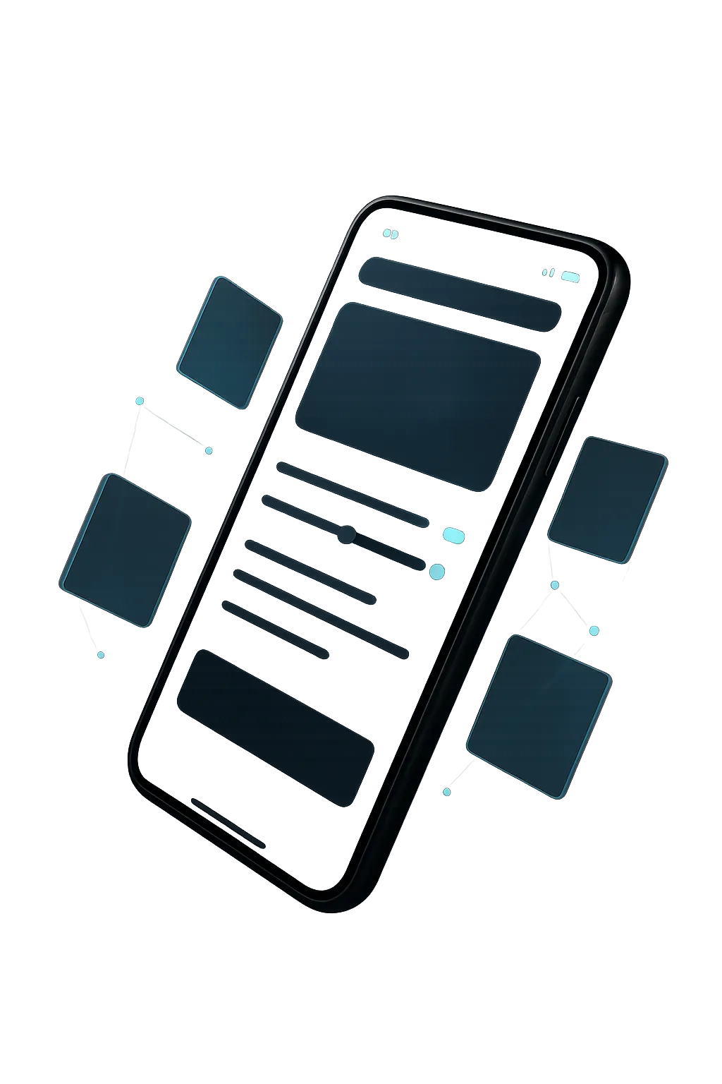 Sleek 3D smartphone cutout displaying the AI chat interface floating with subtle blue geometric glass textures