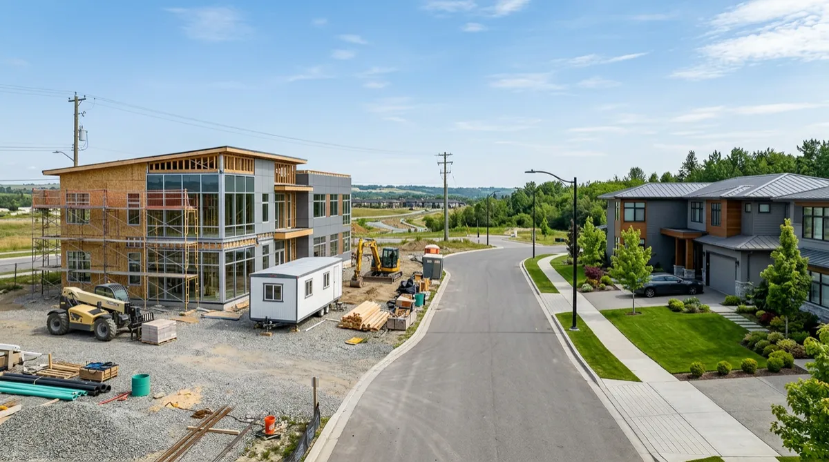 Sharp construction photo showing a modern office build and a residential home exterior