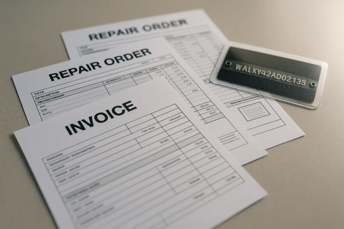 Close-up of organized vehicle records: purchase invoice, repair orders, and VIN plate card on a table.