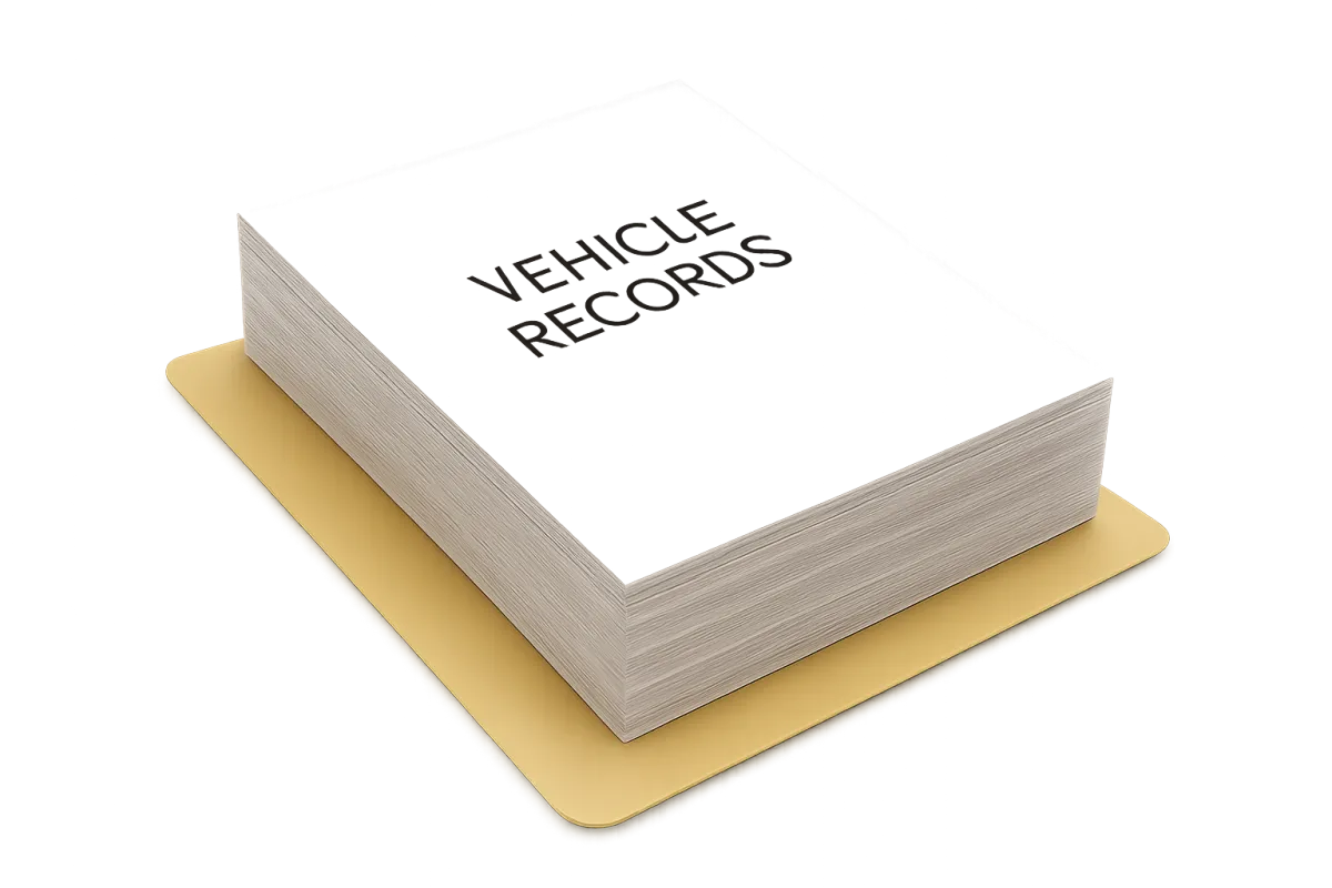 Stack of legal documents and a yellow folder labeled 'Vehicle Records'