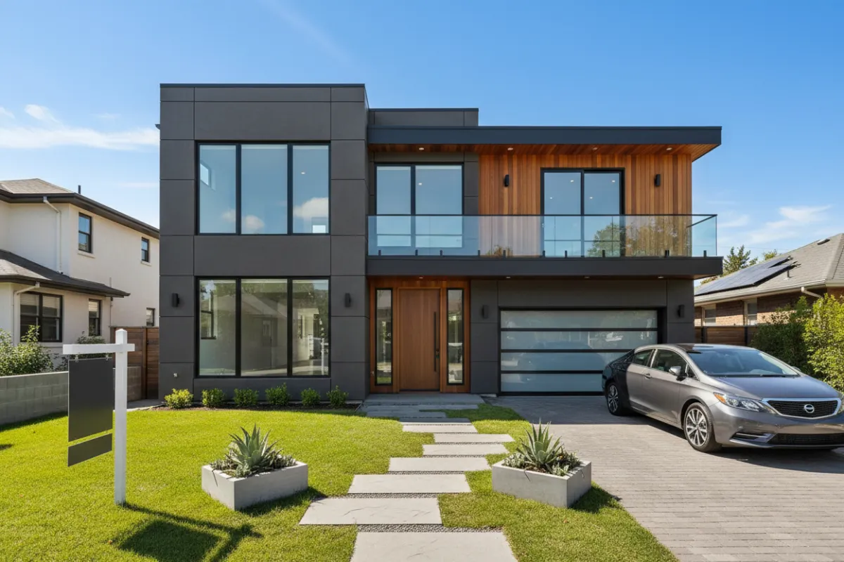 Modern townhouse listed for sale, front elevation with strong curb appeal.