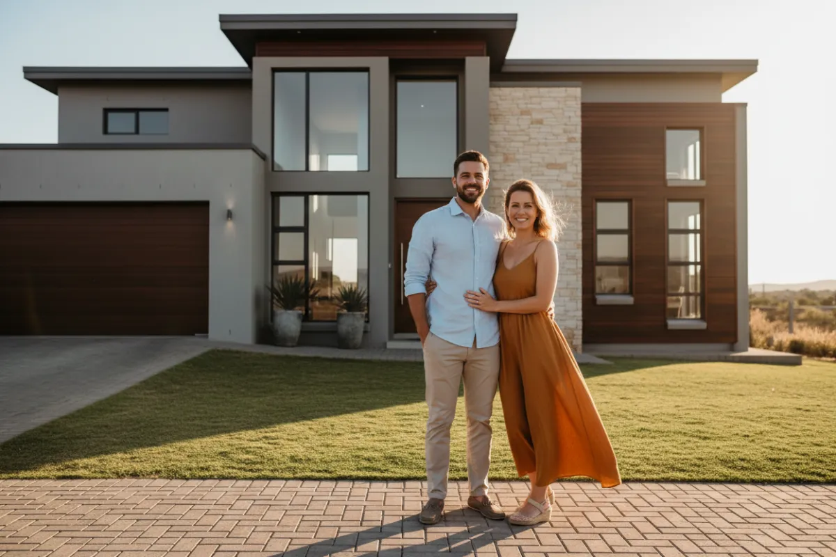 Confident South African couple smiling in front of a modern three-bedroom home at golden hour.