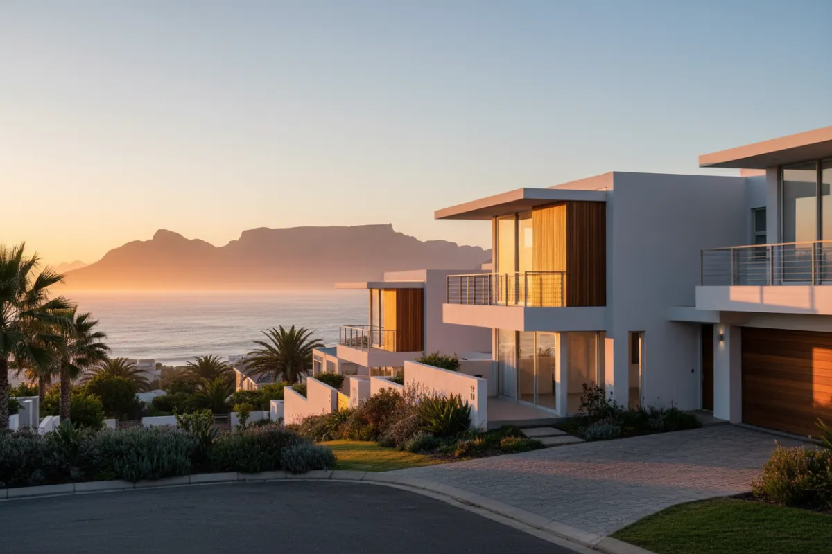 Modern seaside townhouse exterior in Cape Town at golden hour showcasing curb appeal and location context.