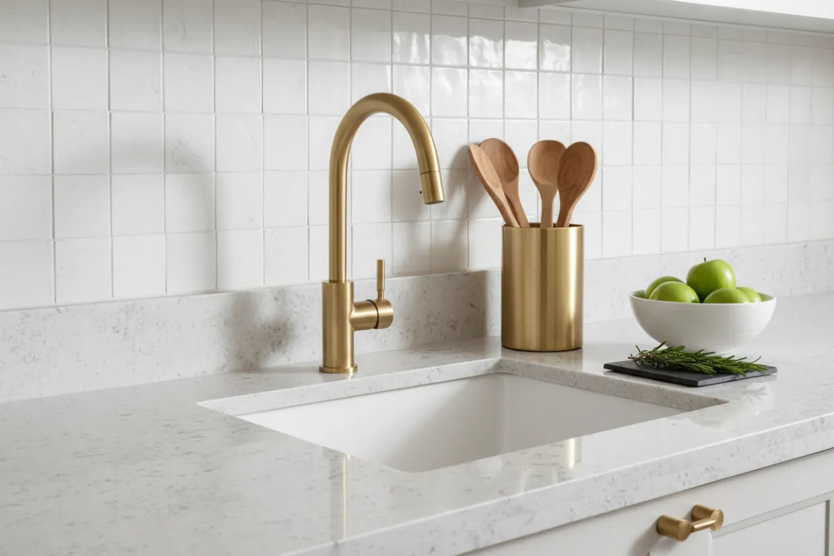 Contemporary kitchen close-up with stone countertops, brass fittings and styled accessories.