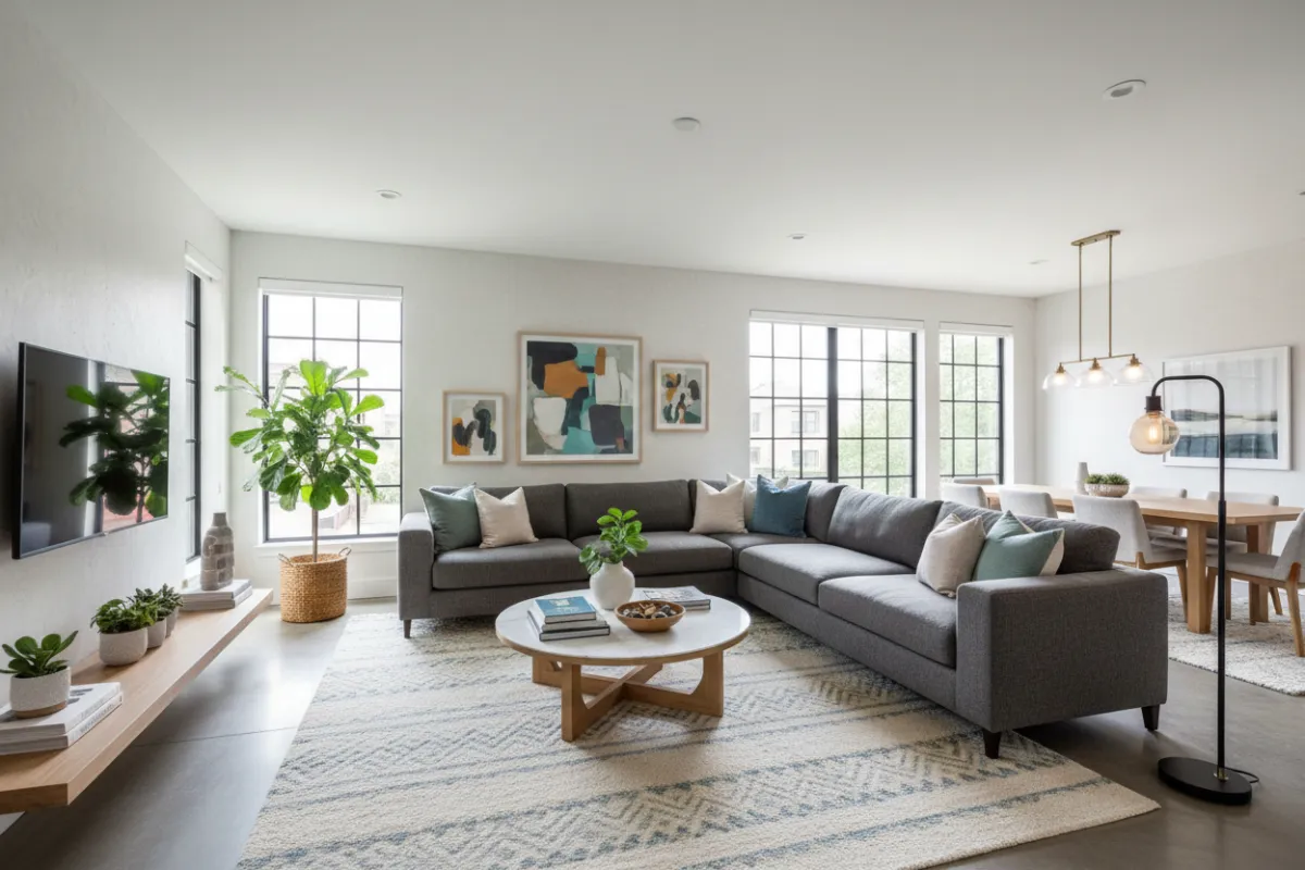 Crisp living area staged for modern family living with open plan and layered lighting.
